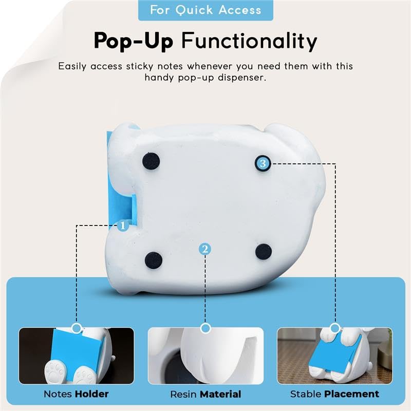 Resin Made Cute Sticky Note Holder for Desk | Happy Dog Face Pop Up Post it Note Dispenser with Blue Sticky Notes | Pop Up Sticky Notes Dispenser for Office Holds 3" x 3" Notes for School