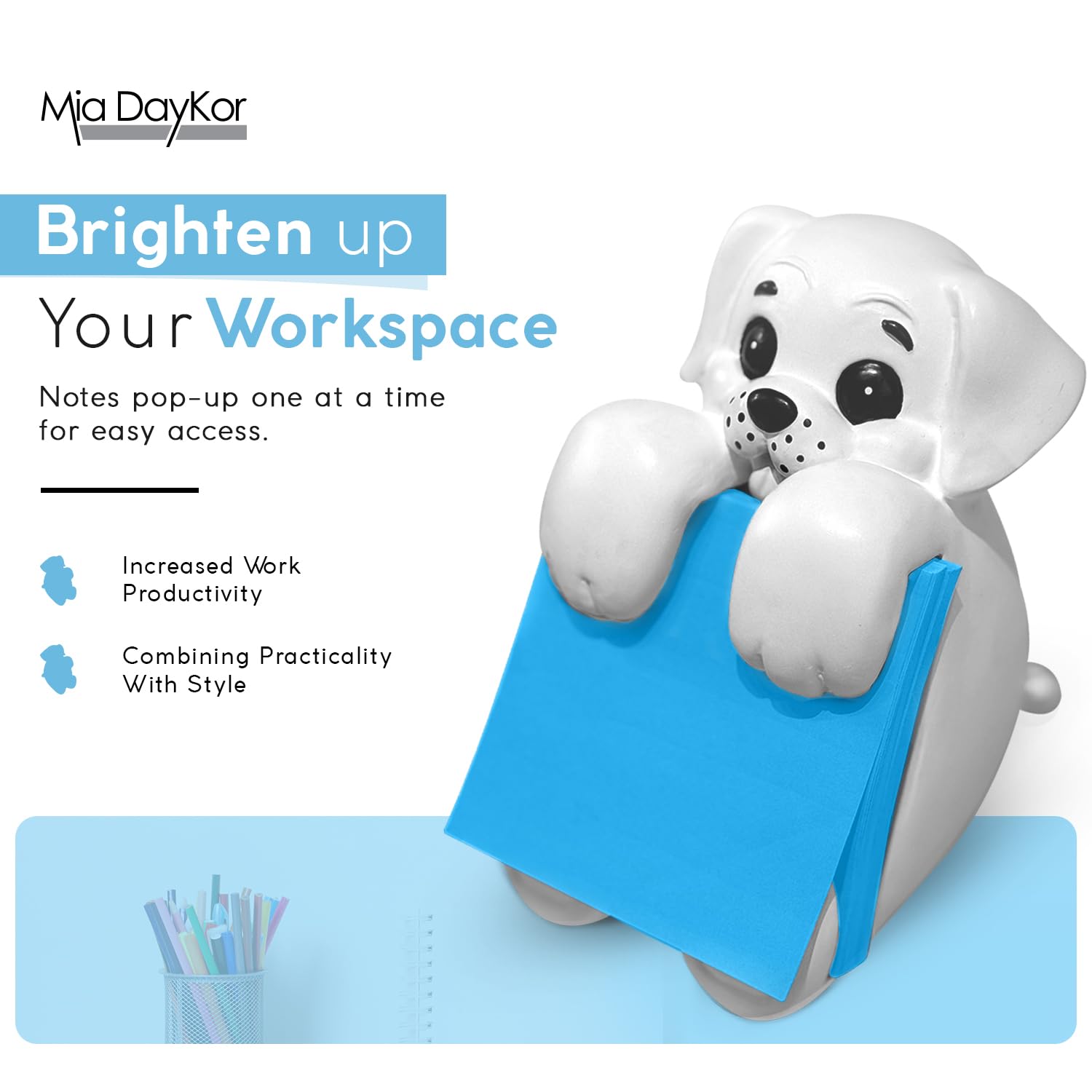Resin Made Cute Sticky Note Holder for Desk | Happy Dog Face Pop Up Post it Note Dispenser with Blue Sticky Notes | Pop Up Sticky Notes Dispenser for Office Holds 3" x 3" Notes for School