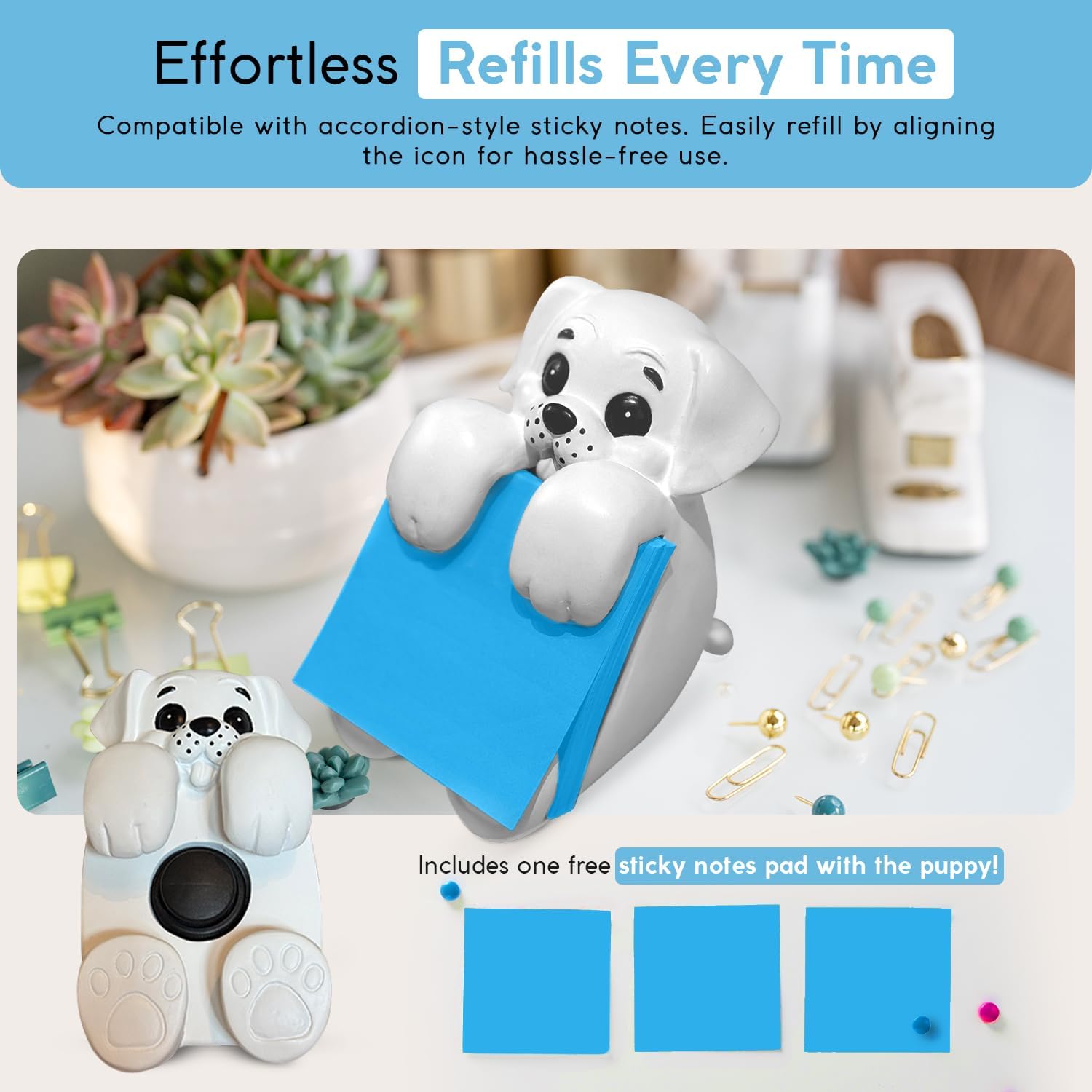 Resin Made Cute Sticky Note Holder for Desk | Happy Dog Face Pop Up Post it Note Dispenser with Blue Sticky Notes | Pop Up Sticky Notes Dispenser for Office Holds 3" x 3" Notes for School