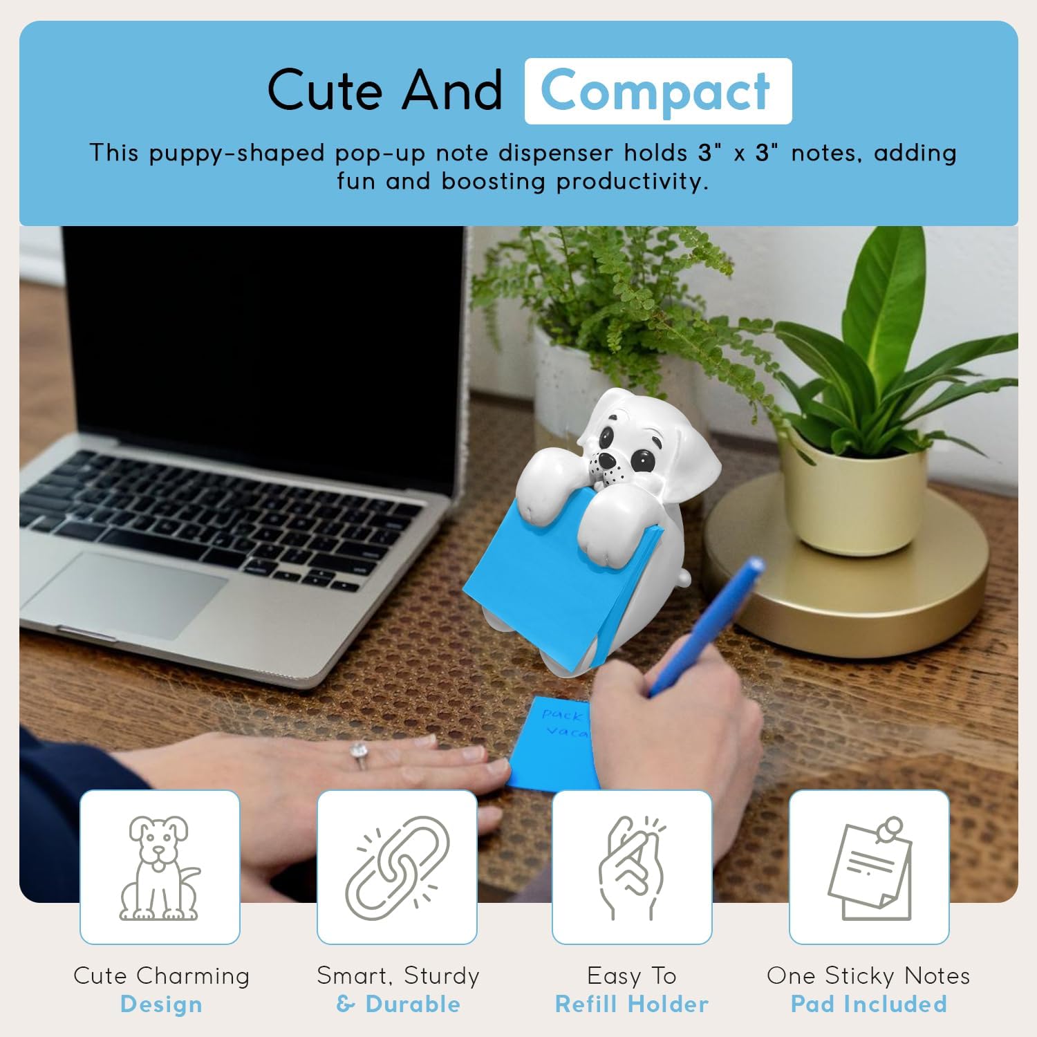 Resin Made Cute Sticky Note Holder for Desk | Happy Dog Face Pop Up Post it Note Dispenser with Blue Sticky Notes | Pop Up Sticky Notes Dispenser for Office Holds 3" x 3" Notes for School